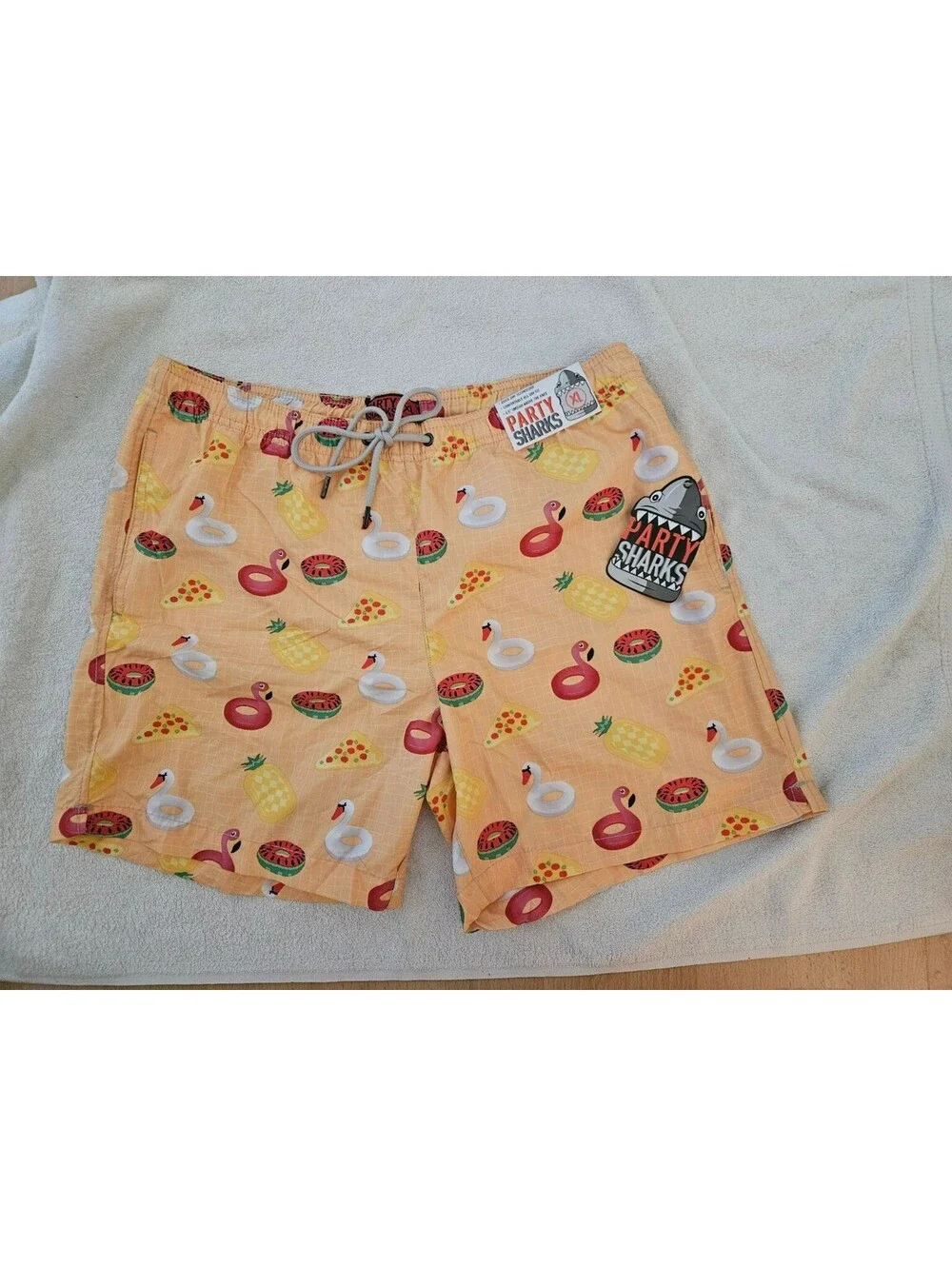 Party Sharks  Men’s XL Swim Board Trunks Orange Flamingo Pizza 6.5